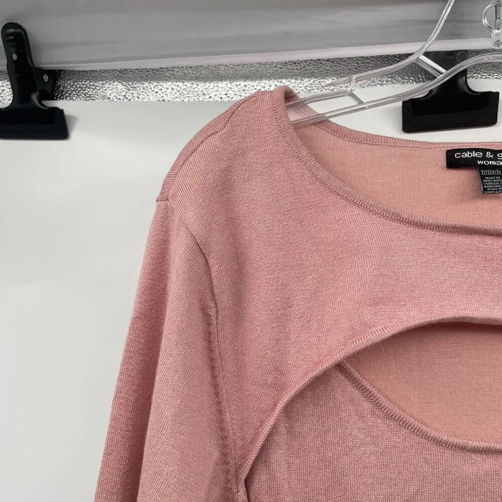 Cable & Gauge Womens Cut Out Sweater 3/4 Sleeve Pink Size 2X